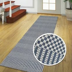 Xrugs Cotton Rug Braided Navy Blue Grey Cream Striped Washable Flat Weave Mat Small Extra Large Long Runner Cotton Rugs