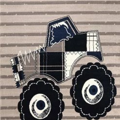 Xrugs Boys Car Rug Beige Navy Blue Monster Truck Kids Carpet Childrens Round Floor Mat