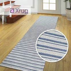 Xrugs Cream Blue Rug 100% Cotton Rugs Navy Striped Pattern Flat Weave Washable Carpet Mat Small Extra Large Runner