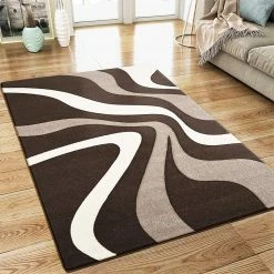 Xrugs Abstract Rug Brown Beige White Wave Design Contour Cut Woven Low Pile Carpet Mat For Living Room & Bedroom