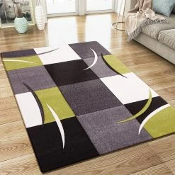 Xrugs XRUG Modern Grey Green Black Rug Checkered Design Contour Cut Woven Low Pile Carpet Mat For Living Room & Bedroom