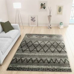 Xrugs XRUG Modern Grey Silver Rug Geometric Pattern Bedroom Living Room Carpet Woven Short Pile Mat