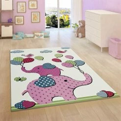 Xrugs Kids Children Nursery White Cream Rug Elephant Woven Mat Low Pile Carpet For Baby Playroom & Bedroom