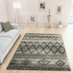 Xrugs Modern Ivory Grey Rug Geometric Pattern Woven Low Pile Carpet Mat For Living Room & Bedroom