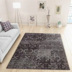 Xrugs Modern Dark Brown Grey Rug Shabby Chic Pattern Woven Low Pile Floor Carpet For Bedroom & Living Room