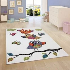 Xrugs Kids Nursery Cream White Rug Owl Woven Short Pile Carpet Unisex Mat For Children Play Room & Bedroom