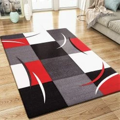 Xrugs Modern Rug Red Grey Black Checkered Contour Cut Pattern Woven Low Pile Carpet Mat For Living Room & Bedroom