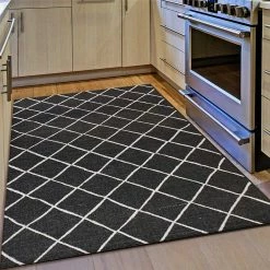 Xrugs Kitchen Rug Black Grey Check Pattern Hard Wearing Flat Weave Carpet Indor Floor Mat