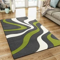 Xrugs Abstract Rug Grey Green White Wave Design Contour Cut Woven Low Pile Carpet Mat For Living Room & Bedroom Modern