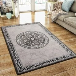 Xrugs Modern Oriental Flaral Pattern Rug Grey Black Shimmer Ornaments Woven Low Pile For Living Room Or Bedroom