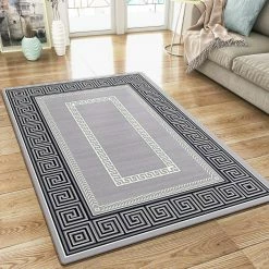 Xrugs Modern Rug Silver Grey Black Border Design Oriental Woven Short Pile Carpet Mat For Living Room & Bedroom