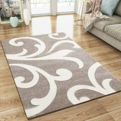 Xrugs Modern Floral Rug Beige Cream Contour Cut Pattern Damask Design Carpet Mat For Living Room & Bedroom