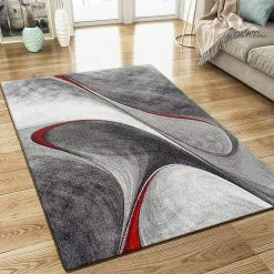 Xrugs Designer Grey Rug Abstract Contour Red Pattern Woven Modern Art Carpet Mat For Living Room & Bedroom