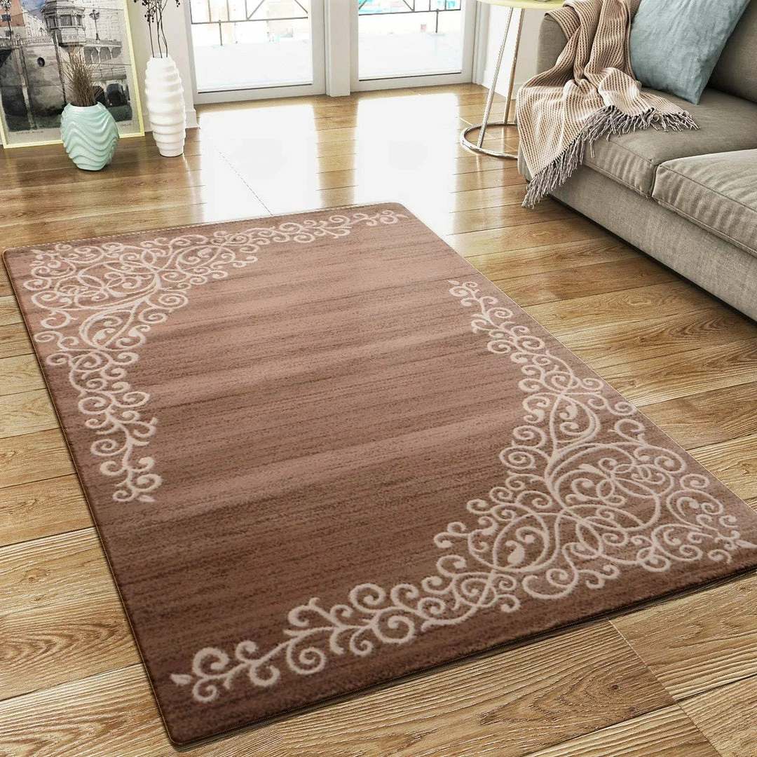 Xrugs Modern Brown Beige Rug Glitter Floral Pattern Woven Low Pile Carpet Mat For Living Room & Bedroom 1 Xrugs Modern Brown Beige Rug Glitter Floral Pattern Woven Low Pile Carpet Mat For Living Room & Bedroom