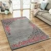Xrugs XRUG Modern Grey Red Rug Glitter Floral Pattern Woven Short Pile Carpet Mat For Living Room & Bedroom