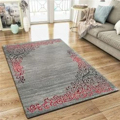 Xrugs XRUG Modern Grey Red Rug Glitter Floral Pattern Woven Short Pile Carpet Mat For Living Room & Bedroom