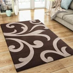 Xrugs Modern Floral Rug Brown Beige Contour Cut Pattern Damask Design Carpet Mat For Living Room & Bedroom