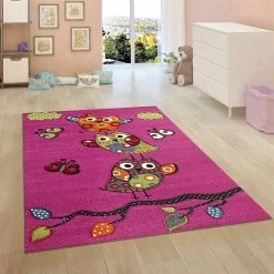 Xrugs Kids Children Nursery Pink Rug Owl Pattern Woven Low Pile Carpet Mat For Baby Play Room & Bedroom
