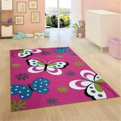 Xrugs Kids Children Nursery Pink Rug Butterfly Woven Low Pile Carpet Mat For Baby Girl Play Room & Bedroom
