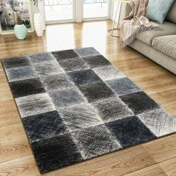 Xrugs Modern Rug Black Grey Blue Checkered Pattern Woven Short Pile Carpet Mat For Living Room & Bedroom