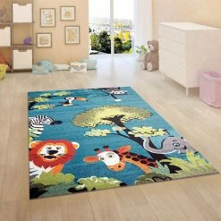 Xrugs Kids Jungle Rug Nursery Rug Blue Animal Turquoise Children Play Room Carpet Mat