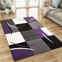 Xrugs Modern Rug Grey Purple Black Cream Checkered Design Contour Cut Woven Carpet Mat For Living Room & Bedroom