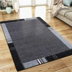 Xrugs XRUG Modern Geometric Rug Border Design Silver Grey Black Woven Short Pile Carpet Mat For Living Room Or Bedroom