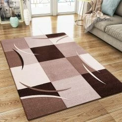 Xrugs Modern Rug Brown Beige Cream Checkered Design Contour Cut Woven Low Pile Carpet Mat For Living Room & Bedroom