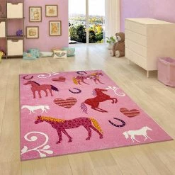 Xrugs Kids Rug Pink Girls Bedroom Carpet Animals Hearts Horses Thick Soft Nursery Mat