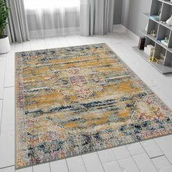 Xrugs Distressed Blue And Mustard Rug Large Small Vintage Oriental Multi Colour Carpet Modern