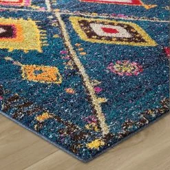 Xrug Navy Blue Fluffy Rug Boho Shaggy Triabal Style Multicoloured Pattern Living Room Bedroom Carpet Mat