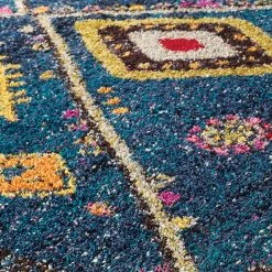 Xrug Navy Blue Fluffy Rug Boho Shaggy Triabal Style Multicoloured Pattern Living Room Bedroom Carpet Mat