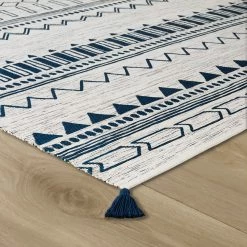 Xrug Hand Woven Cotton Rug Cream Navy Blue Carpet With Tassels Moroccan Nomad Berber Pattern Living Room Bedroom Natural Mat