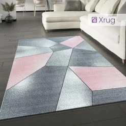 Xrugs Blush Pink Grey Rug Pastel Geometric Carpet Large Small Living Room Bedroom Area Mat