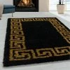 Xrug Black Fluffy Rug SOFT Thick Gold Greek Key Pattern Large Small Bedroom Living Room Shaggy Carpet