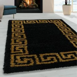 Xrug Black Fluffy Rug SOFT Thick Gold Greek Key Pattern Large Small Bedroom Living Room Shaggy Carpet