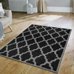 Xrugs Anti Slip Rug Living Room Black Grey Moroccan Trellis Flat Weave Carpet Small Large Runner