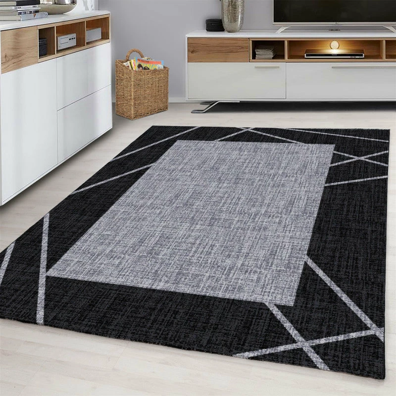 Xrugs Black And Grey Rug Modern Bordered Short Pile Mat Small Large Bedroom Runner Mat