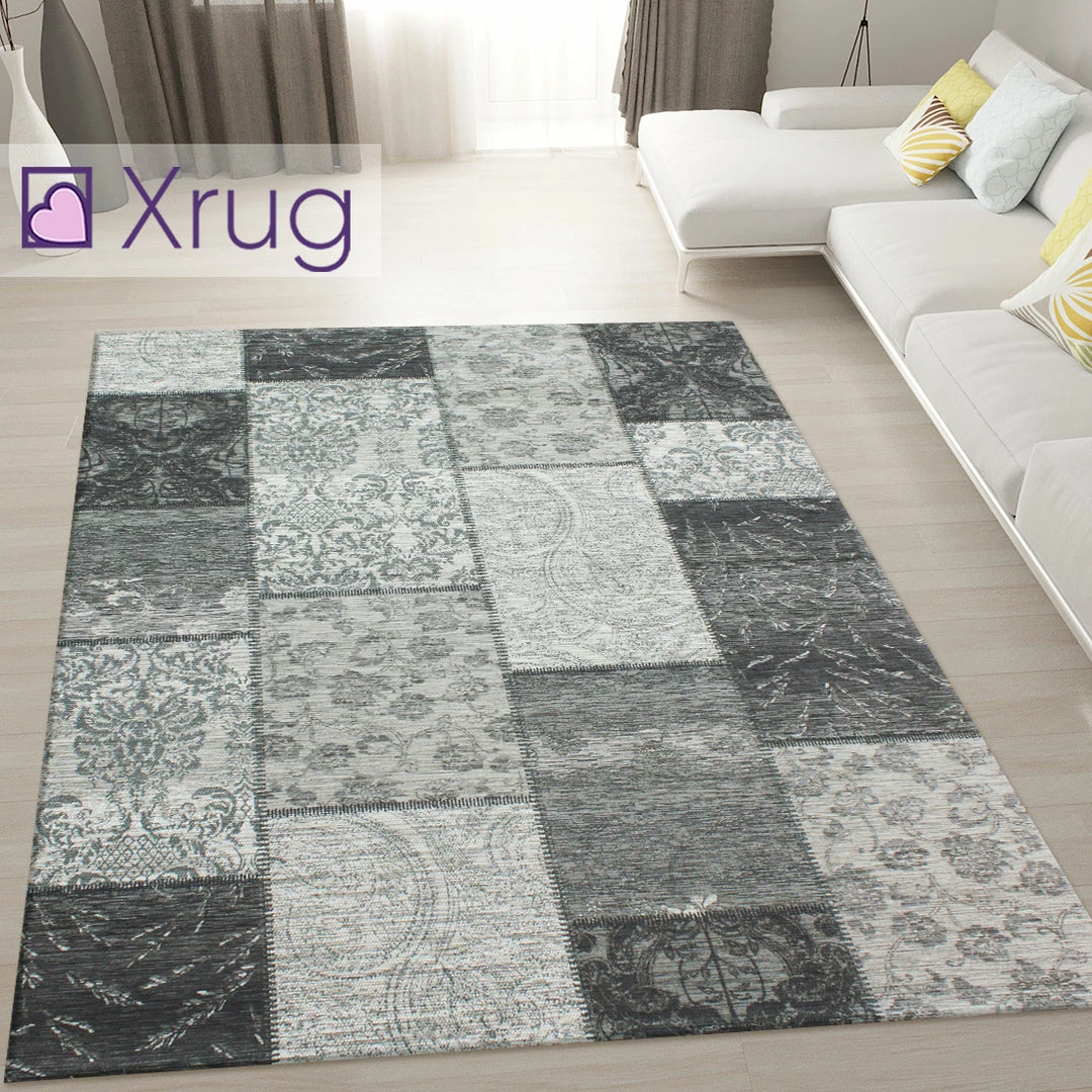 Xrugs Black And Grey Rug Patchwork Chenille Rugs Modern Living Room Mat Floor Carpet