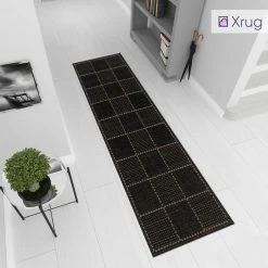Xrugs Modern Black Hall Runner Rug Non Slip Kitchen Hall Hallway Runner Long Carpet Geometric Durable Check Flat Weave Mat