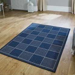 Xrugs Anti Slip Rug Living Room Navy Blue Check Flat Weave Small Large Runner Carpet Mat