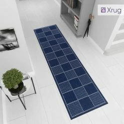 Xrugs Navy Blue Hall Runner Rug Non Slip Kitchen Hall Hallway Long Carpet Durable Geometric Check Flat Weave Mat
