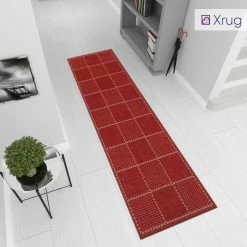 Xrugs Red Hall Runner Rug Non Slip Kitchen Mat Long Carpet Geometric Check Flat Weave Mat Modern