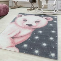 Xrugs Childrens Animal Rug Bear Grey Pink Baby Nursery Play Carpet Kids Room Roun Mat