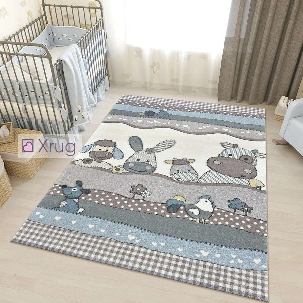 Xrugs Childrens Animal Rug Beige Blue Contour Cut Pattern Carpet Thick Kids Room Mats