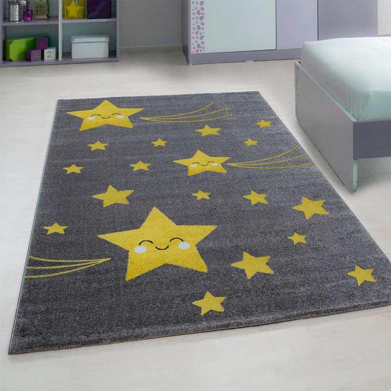 Xrugs Childrens Star Rug Grey And Yellow Circle Nursery Carpet Modern Kids Bedroom Mat