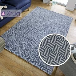 Xrugs Blue Cotton Rug Navy Grey Geometric Patterned Washable Natural Carpet Woven Mat