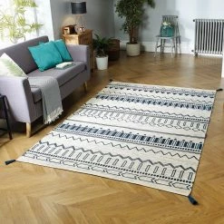 Xrug Hand Woven Cotton Rug Cream Navy Blue Carpet With Tassels Moroccan Nomad Berber Pattern Living Room Bedroom Natural Mat