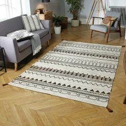 Xrug Cotton Rugs Hand Made Rug 100% Cotton Cream Brown Carpet With Tassels Moroccan Nomad Berber Living Room Bedroom Carpet Mat