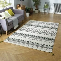 Xrugs Hand Made Rug 100% Cotton Cream Green Carpet With Tassels Moroccan Nomad Berber Living Room Bedroom Natural Mat Cotton Rugs